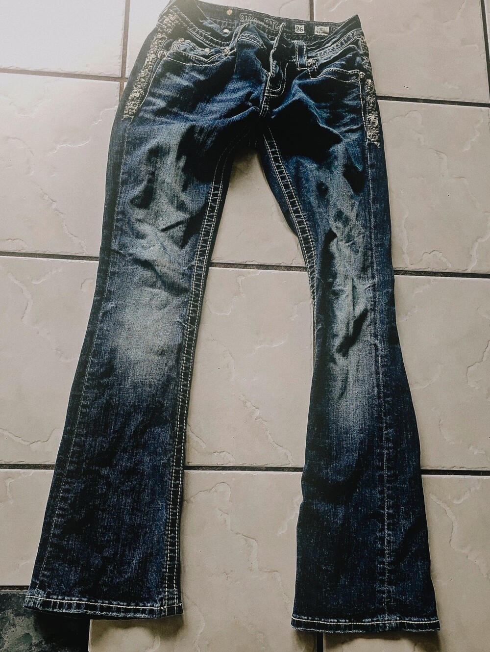 Rock Revival Dark Blue Flare Jeans with Contrast Stitching Size 25